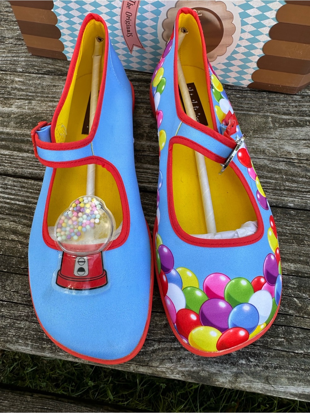 Whimsical Blue Mary Jane Flats with Multicolor Gumball Detail Size 9